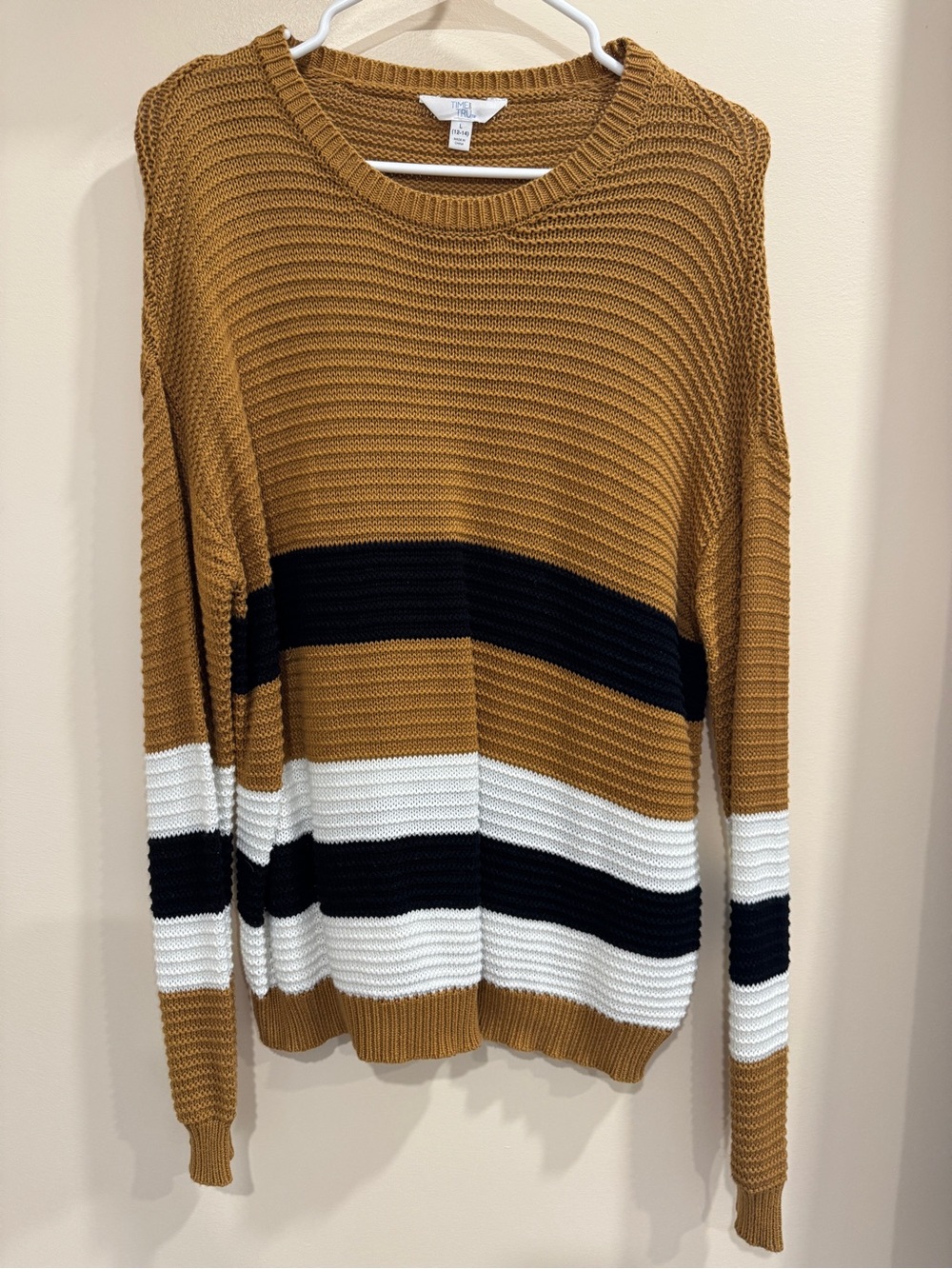 Time and Tru Mustard, Black & White Striped Crew Sweater